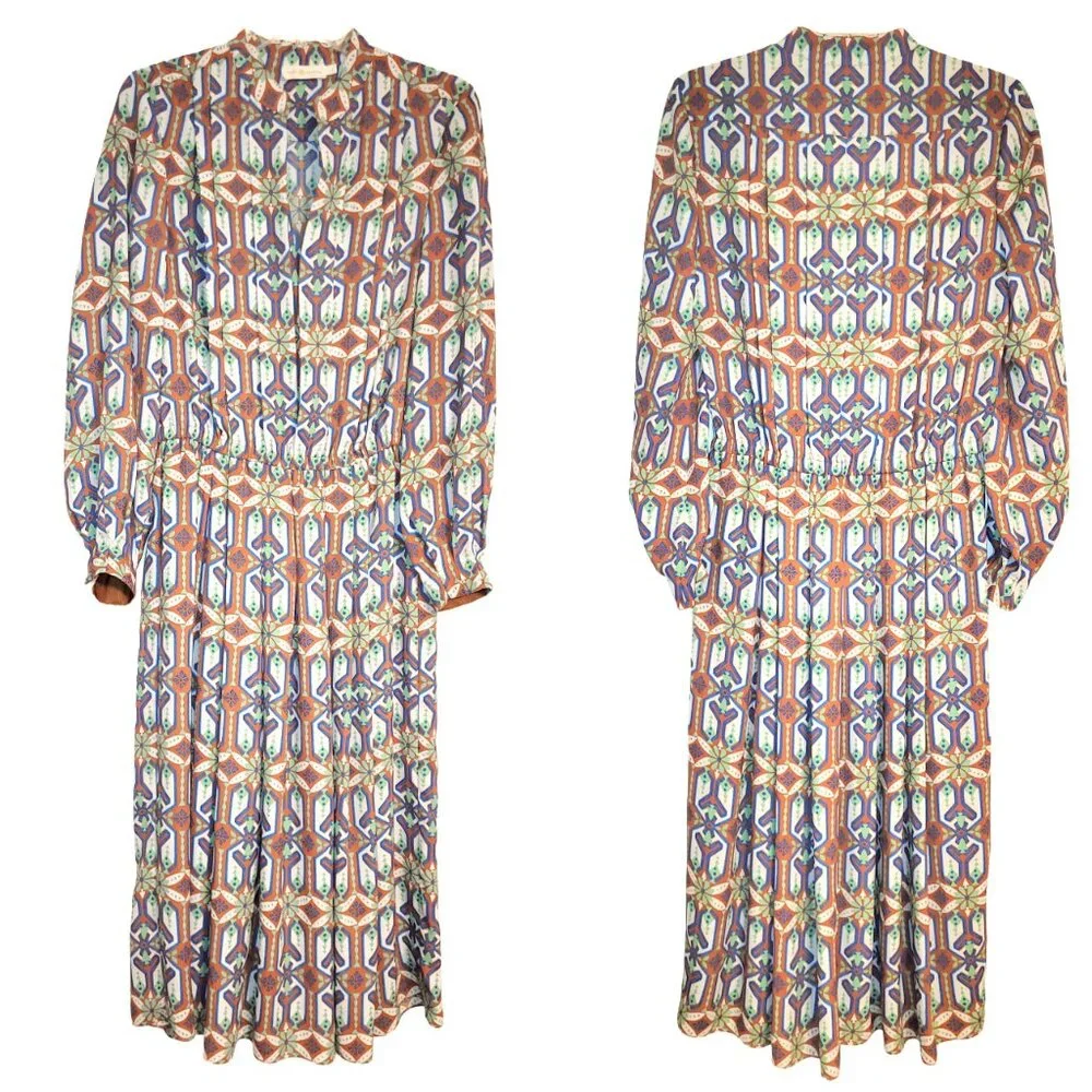 Tory Burch Garden Maze Geometric Print Pleated Shirt Dress